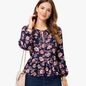 New! LOFT Size XS Long Sleeve Floral‎ Peplum Hem Navy Blue Pink Boho Blouse Top
